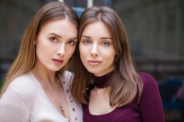 Kaksi brunette nuoria naisia, sisätiloissa — kuvapankkivalokuva