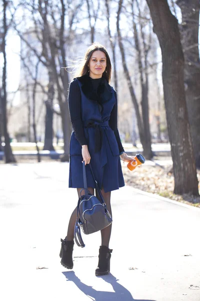 Retrato de una joven hermosa mujer en abrigo azul con una bolsa de paseo —  Fotos de Stock