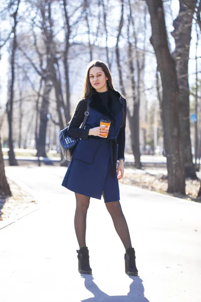 Retrato de una joven hermosa mujer en abrigo azul con una bolsa de paseo —  Fotos de Stock