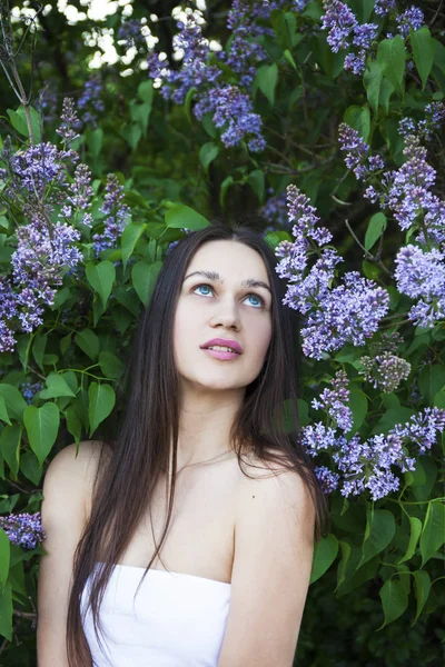 Retrato de uma jovem bela mulher morena em um backgrou lilás — Fotografia de Stock