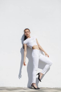 Model testleri. Genç güzel esmer model bir whi karşı poz