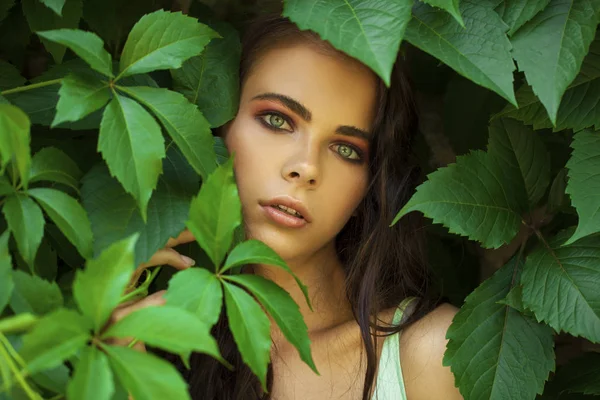 Retrato de uma jovem menina bonita em folhagem hera verde — Fotografia de Stock