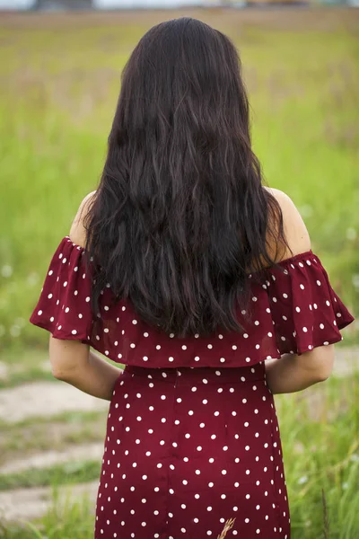 Cabelo feminino morena, vista traseira, parque de verão — Fotografia de Stock