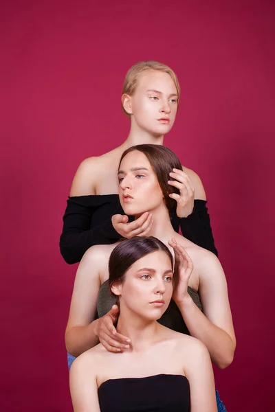 Čtyři krásné mladé dívky na pozadí švestky ve studiu — Stock fotografie