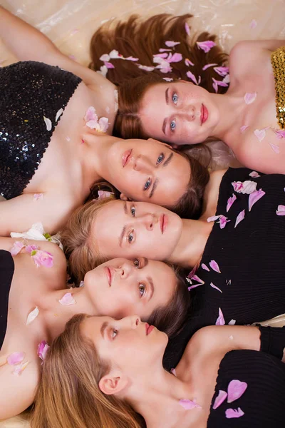 Cinco hermosas chicas jóvenes sobre fondo de ciruela en el estudio — Foto de Stock