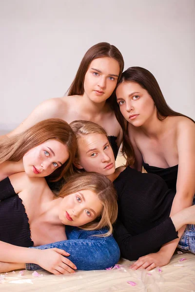 Cinco hermosas chicas jóvenes sobre fondo de ciruela en el estudio — Foto de Stock