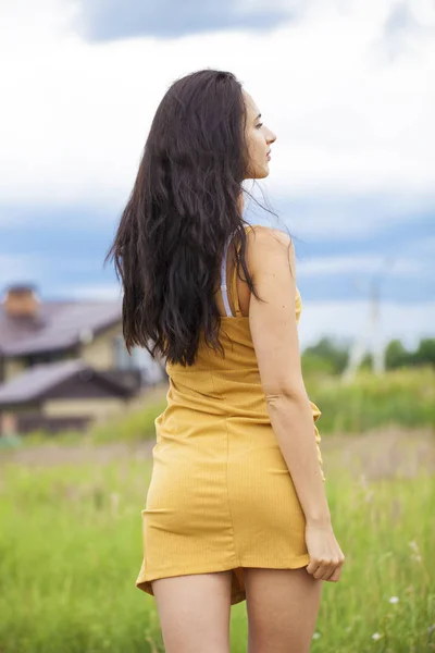 Kobiece Brunetki włosy, widok z tyłu, park letni — Zdjęcie stockowe