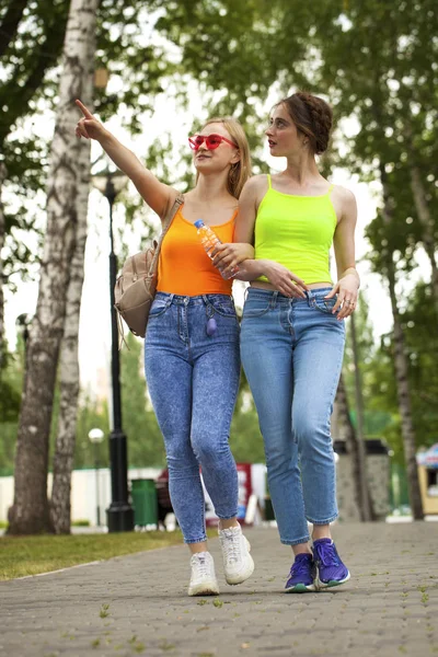 Due amiche che camminano sul parco estivo, all'aperto — Foto Stock