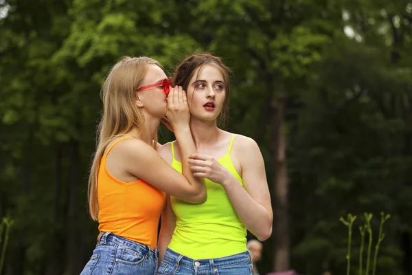 Two girlfriends walking on summer park, outdoors — Stock Photo, Image