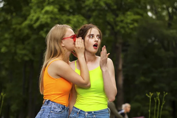 Two girlfriends walking on summer park, outdoors — Stock Photo, Image