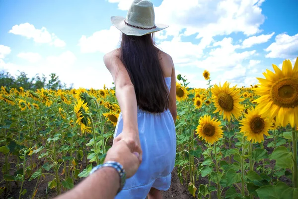 Siga-me, jovem segurando um cara mão um campo de girassóis — Fotografia de Stock