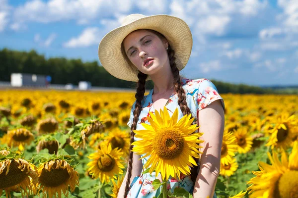 ヒマワリ畑の若い美少女の肖像 — ストック写真