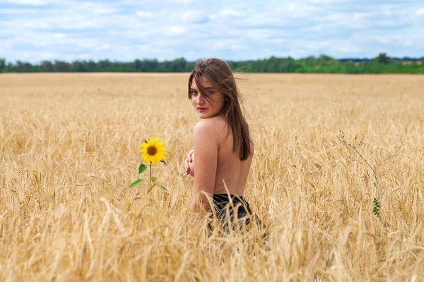 Sexy chica con un ramo de girasoles posando en un campo backgro —  Fotos de Stock