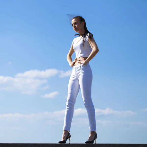 Schöne brünette Frau posiert vor blauem Himmel strahlend sonnig wir — Stockfoto