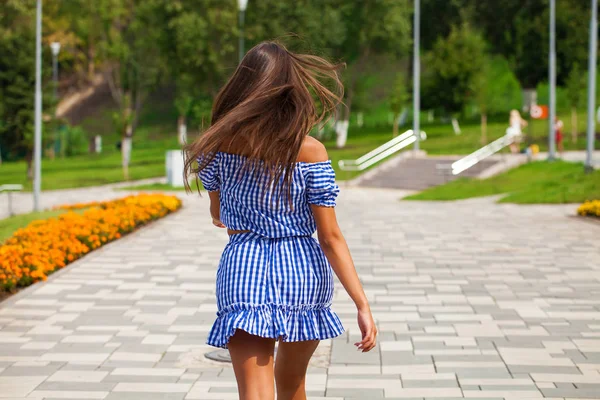 Back View ung brunett modell promenader i sommarpark, Utomhus — Stockfoto