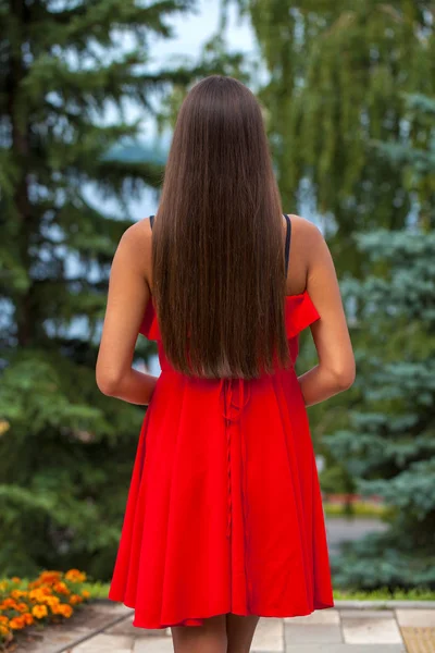 Back View närbild porträtt ung vacker brunett kvinna i re — Stockfoto