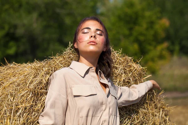 Schöne Mädchen in einem beigen Kleid posiert auf einem Hintergrund aus Heu — Stockfoto