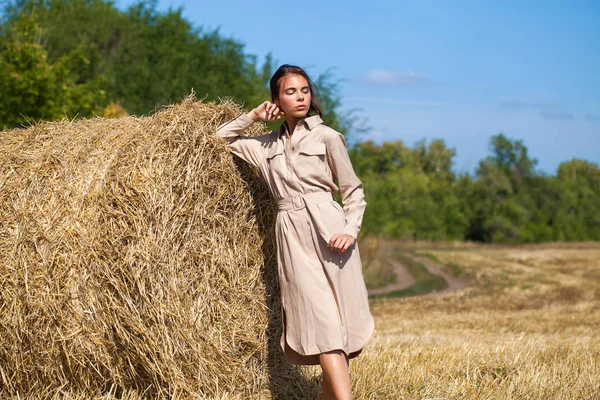 Menina bonita em um vestido bege posando em um fundo de haysta — Fotografia de Stock