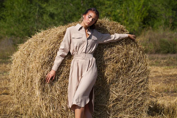 Vacker flicka i en beige klänning poserar på en bakgrund av haysta — Stockfoto