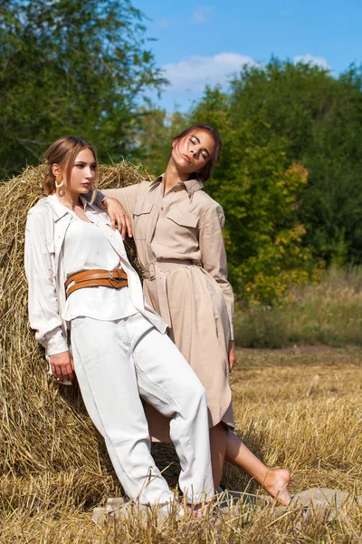 两个美丽的女孩在米色西装上摆姿势的背景哈 — 图库照片
