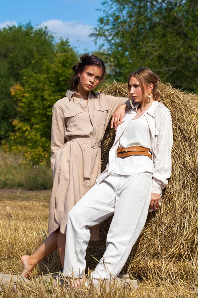 Dos hermosas chicas en un traje beige posando sobre un fondo de ha — Foto de Stock