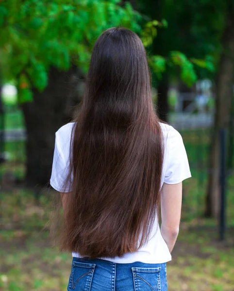 Female brunette hair, rear view, summer park — Stock Photo, Image