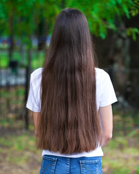 Cabelo feminino morena, vista traseira, parque de verão — Fotografia de Stock