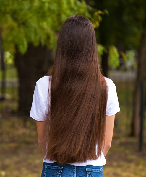 Pelo morena femenina, vista trasera, parque de verano —  Fotos de Stock