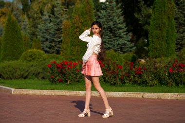 Ekose etek ve beyaz bluz oldukça şık esmer kız 