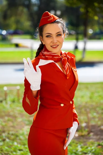 RUSSIA, SAMARA: 08 AUGUST 2019. Sexy stewardess dressed in offic — Stock Photo, Image