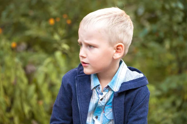 Little blonde boy, summer park outdoors — Stock Photo, Image