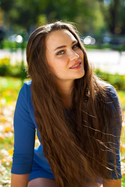 Joven hermosa mujer morena en vestido azul en el parque de otoño —  Fotos de Stock