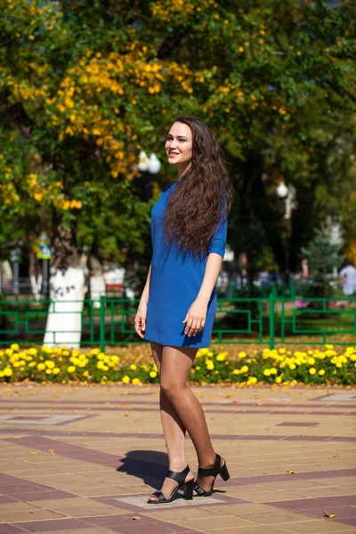 Junge schöne Frau in dunkelblauem Kleid, die auf dem Sommer spazieren geht — Stockfoto