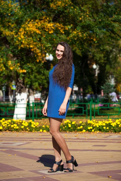 Yaz s yürüyüş lacivert elbiseli genç güzel kadın — Stok fotoğraf