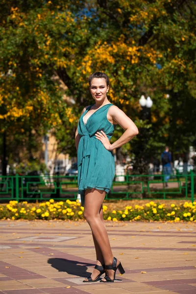 Giovane bella donna in abito blu scuro a piedi in estate s — Foto Stock