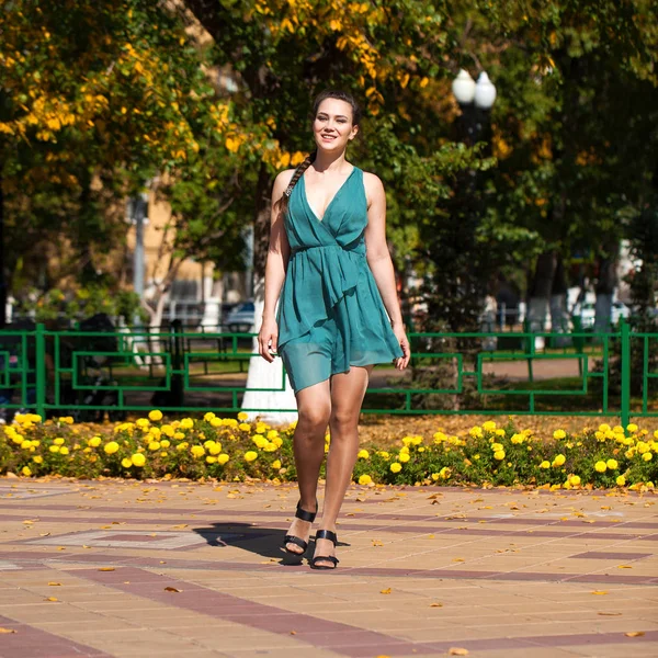 Junge schöne Frau in dunkelblauem Kleid, die auf dem Sommer spazieren geht — Stockfoto
