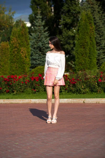 Chica morena bastante elegante en falda a cuadros y blusa blanca — Foto de Stock