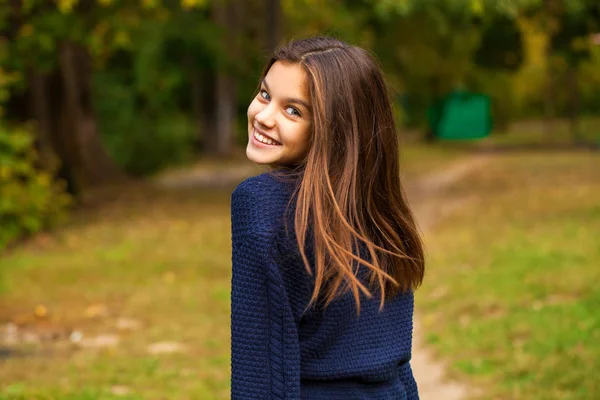 Söt brunett liten flicka poserar i höst Park bakgrund — Stockfoto