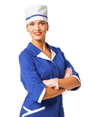 Beyaz arka plan üzerinde izole mavi takım elbisegüzel hemşire