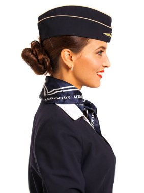 Rusya, Moskova: 21 Eylül 2019. Güzel hostes giyinmiş. 