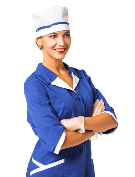 Красивая медсестра в синем костюме на белом фоне — стоковое фото