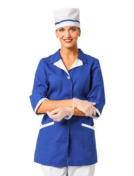 Beautiful nurse in a blue suit isolated on white background — Stock Photo, Image