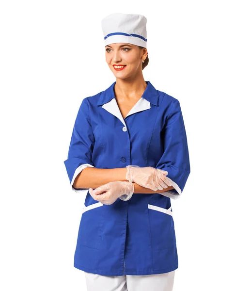 Beautiful nurse in a blue suit isolated on white background — Stock Photo, Image