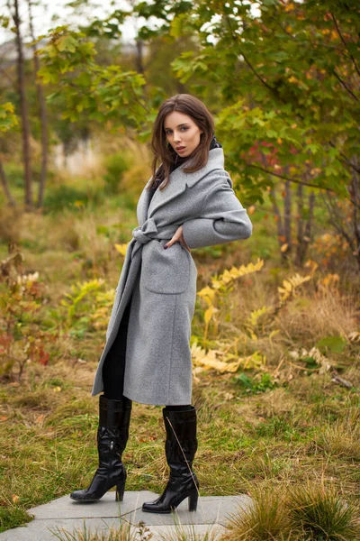 Porträt einer jungen schönen Frau im grauen Mantel, die im Herbst posiert — Stockfoto