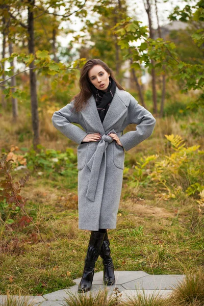 Porträt einer jungen schönen Frau im grauen Mantel, die im Herbst posiert — Stockfoto