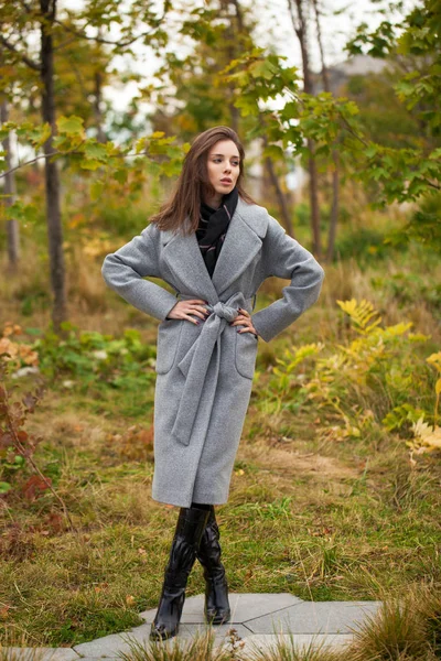 Portret van jonge mooie vrouw in grijze vacht poseren in de herfst — Stockfoto