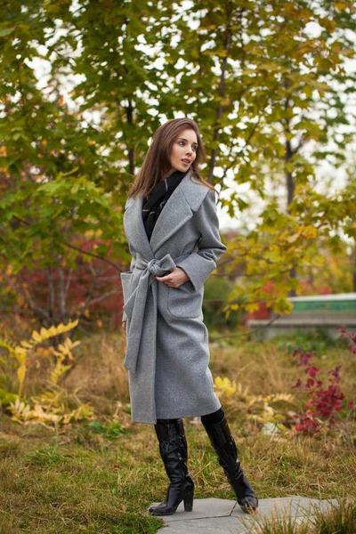 Porträt einer jungen schönen Frau im grauen Mantel, die im Herbst posiert — Stockfoto