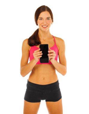 Boş akıllı telefon ekranı iso gösteren neşeli genç fitness kadın