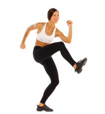 Genç sağlıklı kız egzersizleri yapıyor, tam uzunlukta portre izole