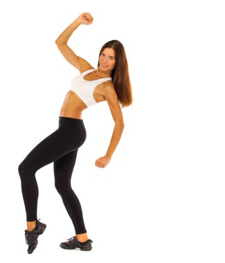 Genç sağlıklı kız egzersizleri yapıyor, tam uzunlukta portre izole